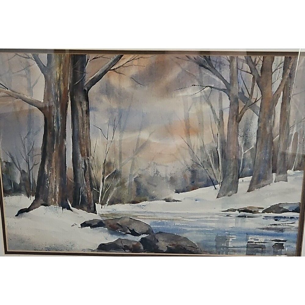Outsider Art Winter Woods SNOWY LANDSCAPE‎ CREEK Watercolor Painting SUNSET